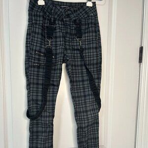 HT Denim Hi Rise Super Skinny Black & Gray Plaid w Suspenders EUC Size 3